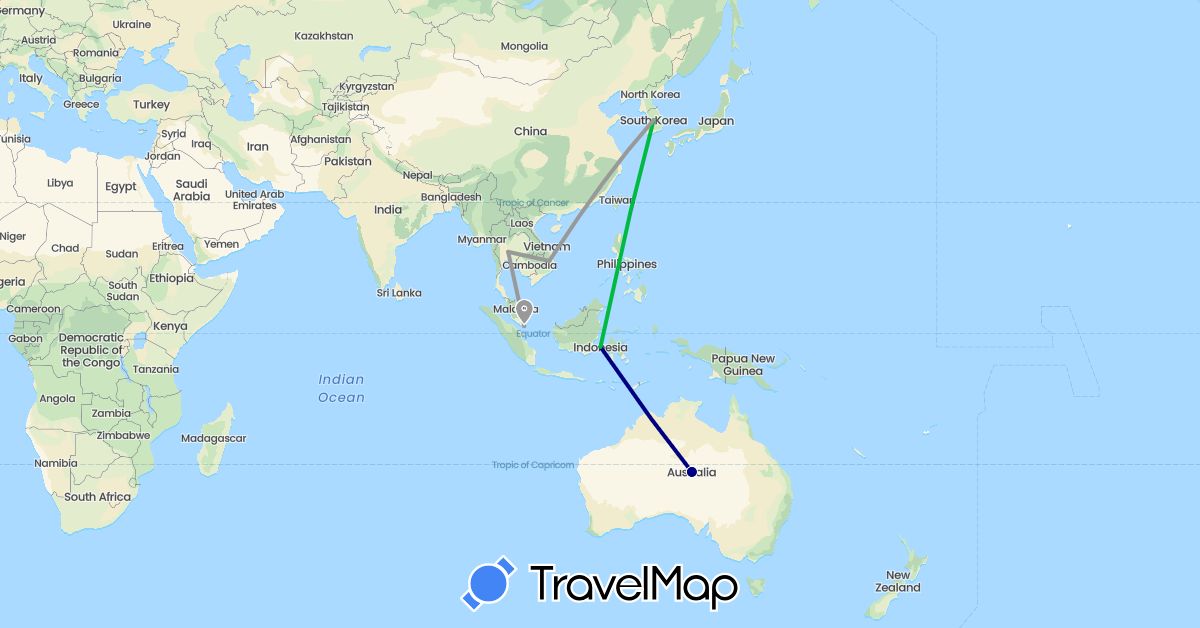 TravelMap itinerary: driving, bus, plane in Australia, Indonesia, South Korea, Singapore, Thailand, Vietnam (Asia, Oceania)